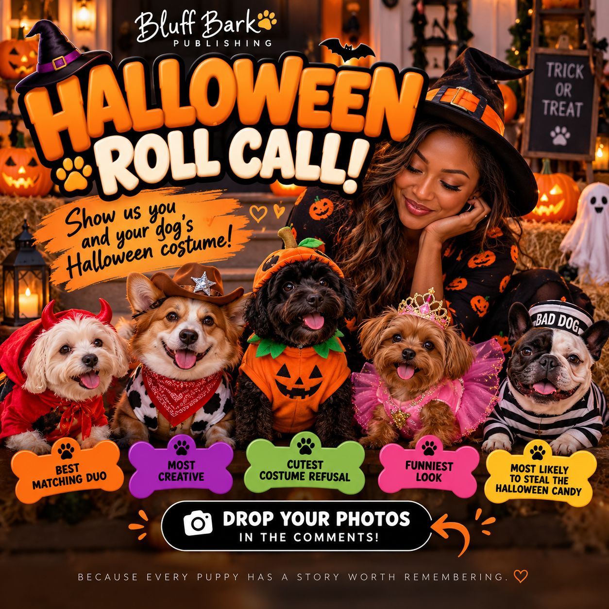 Dogs dressed in Halloween costumes for the Bluff Bark Halloween roll call