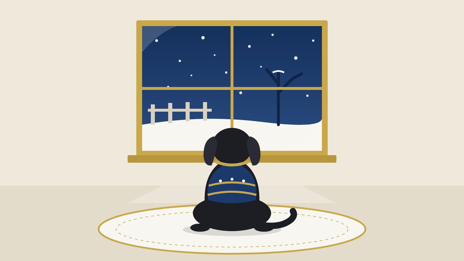 Illustration of a dark-coated puppy in a navy and gold sweater, seen from behind, sitting on a cream rug and watching snow fall outside a window